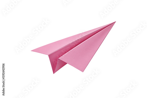 Pink paper airplane flying in the air on a transparent background, symbolizing freedom and travel, with a clean, simple design