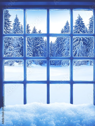 Dreamy winter scene through a multi-pane window with pristine snow cover photo