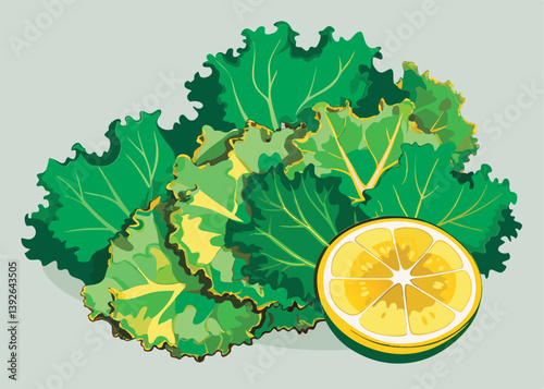 Fresh kale and lemon slice.