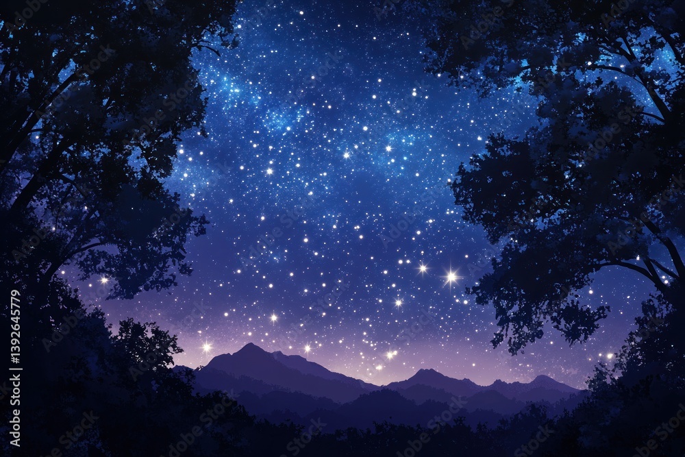 Fototapeta premium Majestic starry night sky framed by silhouettes of trees and mountains
