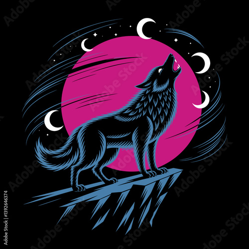 Howling Wolf at Moon Cycle: Vector Illustration for T-shirts, Art and Prints