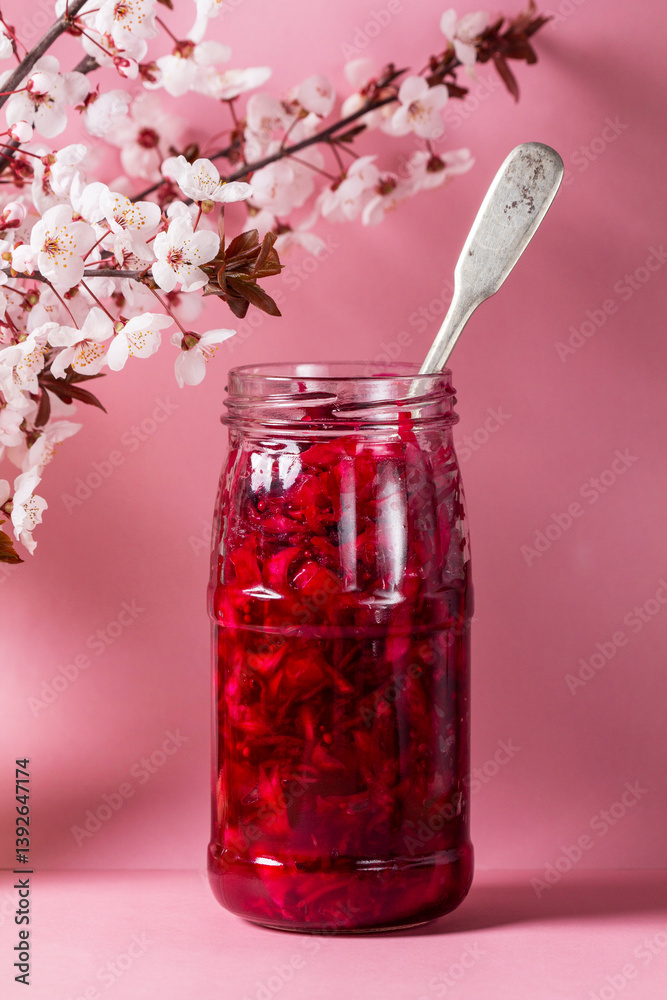 Pickled cabbage with beetroot, rosemary, mustard and other spices, and plum blossoms.