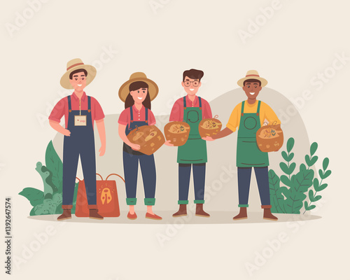 Harvest Festival: Farmers with Pumpkins and Bread Illustration for Autumn Celebration