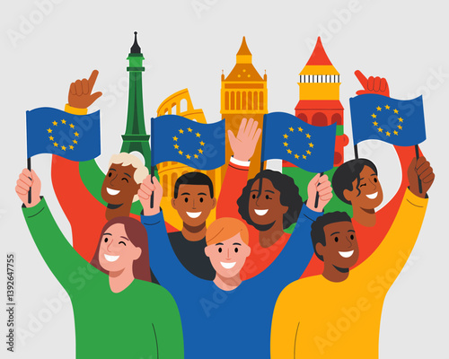 Diverse group celebrates EU unity with landmarks and European Union flags