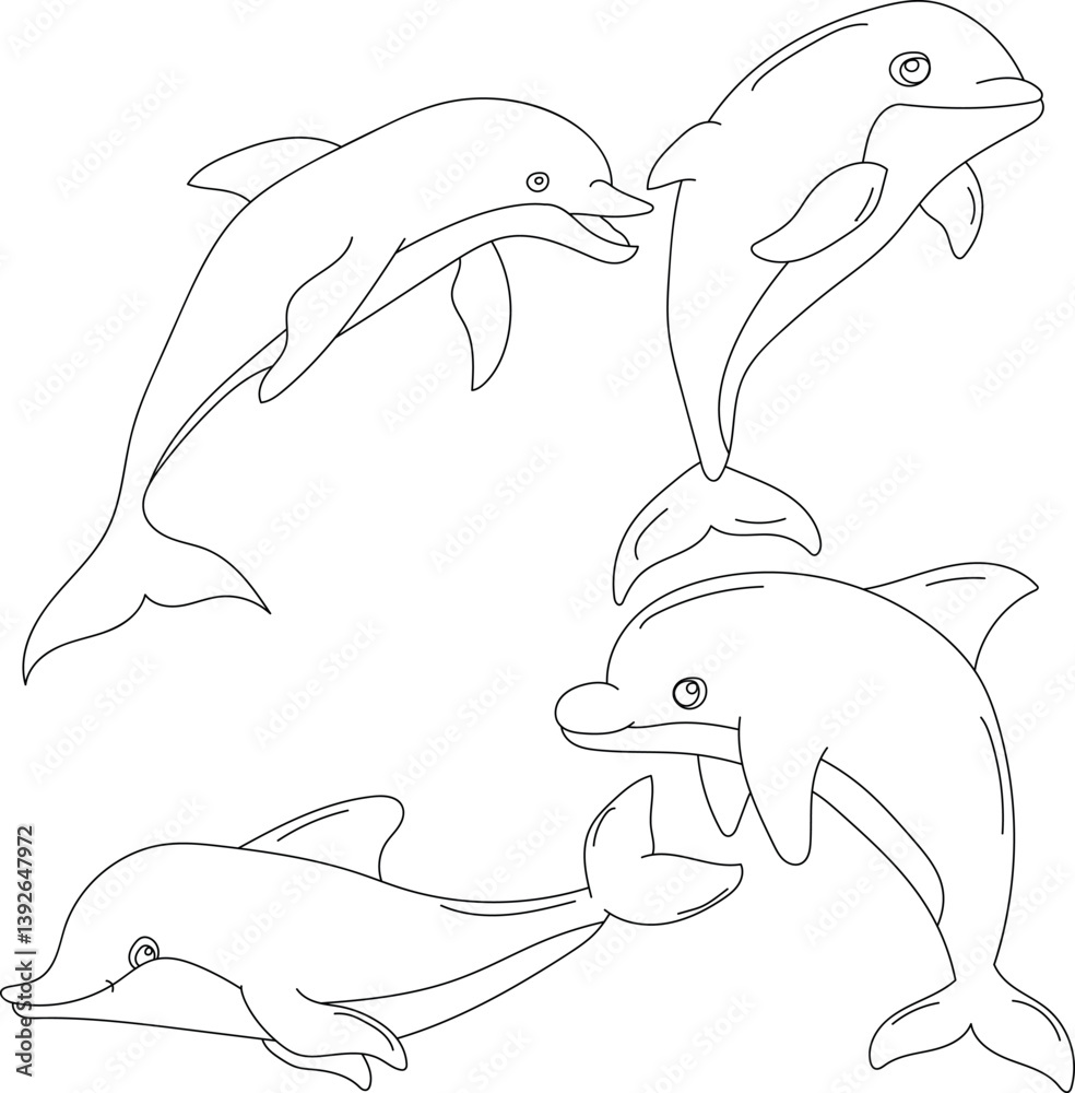 Fototapeta premium Dolphin Clipart Set: Hand-drawn Dolphin Illustrations: Doodle Cartoon Dolphins for Crafters, Designers, and DIY Lovers.