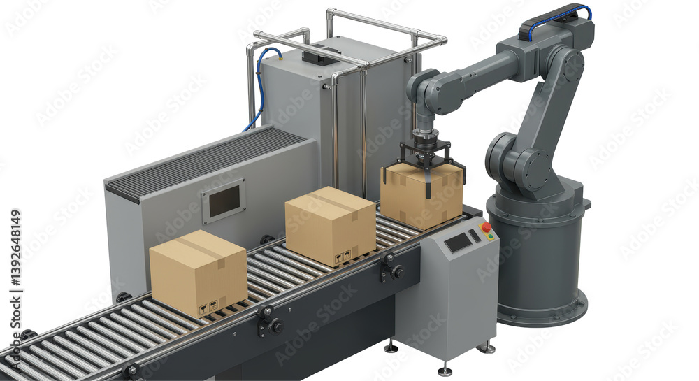 Isolated Robotic Arm Lifting Cardboard Boxes in Factory Isolated Robotic Arm Lifting Cardboard Boxes in Factory