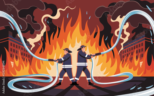 Firefighters extinguishing fire in city buildings, using water hoses illustration