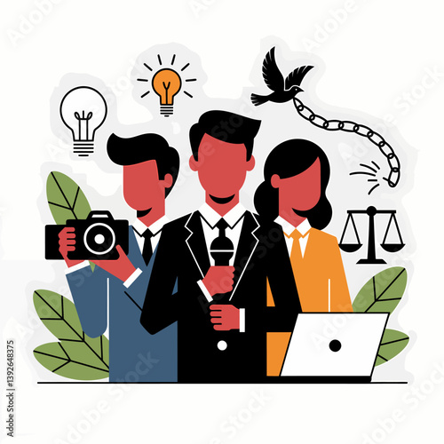 Press Team Illustration: Journalist, Photographer, Legal Support, Ideas