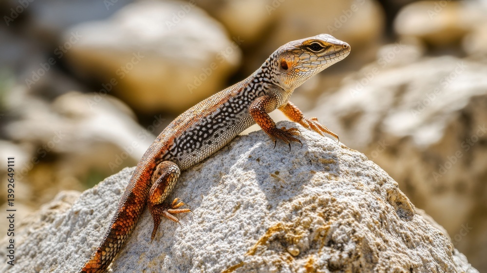 Fototapeta premium A vibrant lizard basks on a sun-drenched rock, displaying intricate orange and dark patterns along its slender body