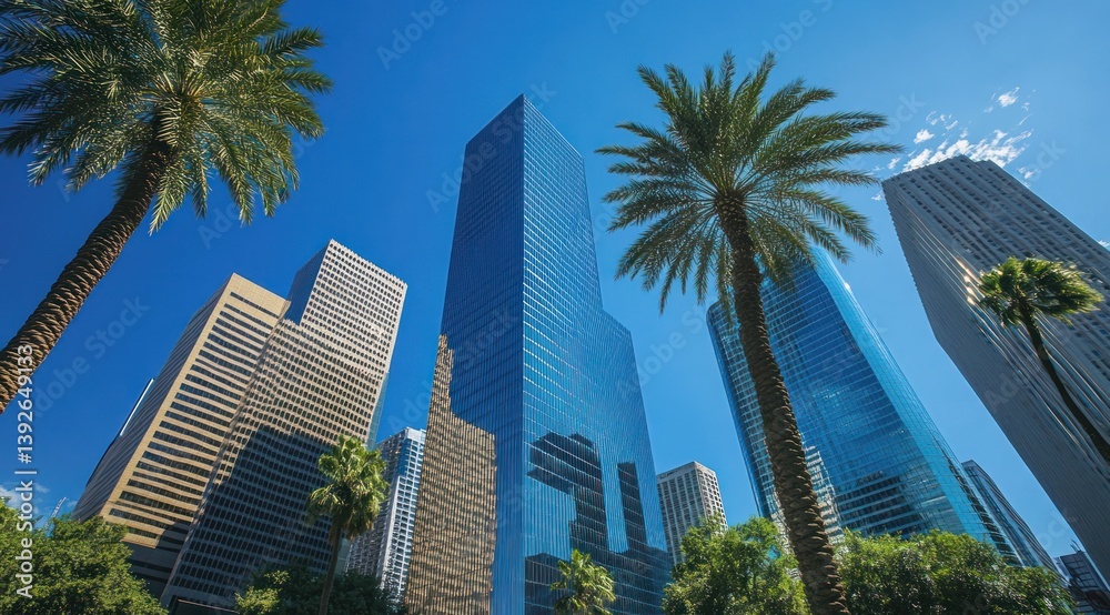 Skyscrapers, low-angle shot, blue sky, corporate photography, stock photo style. Skyscrapers, low-angle shot, blue sky, corporate photography, stock photo style.