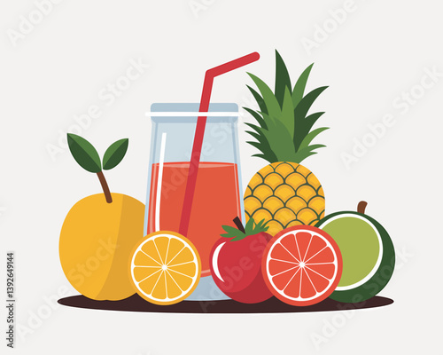 Tropical fruits and juice illustration: pineapple, grapefruit, orange, apple