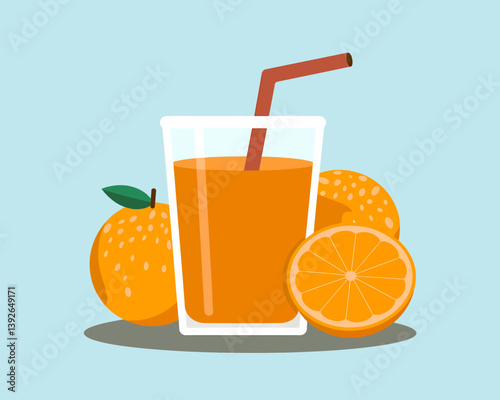Fresh Orange Juice Vector Still Life: Healthy Drink with Straw & Citrus Fruit