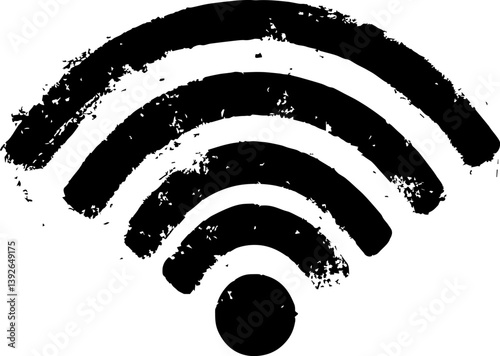 Distressed, grunge-style white WiFi symbol on a textured black background. Represents wireless connectivity, internet access, and technology.