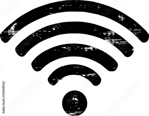 Distressed, grunge-style white WiFi symbol on a textured black background. Represents wireless connectivity, internet access, and technology.