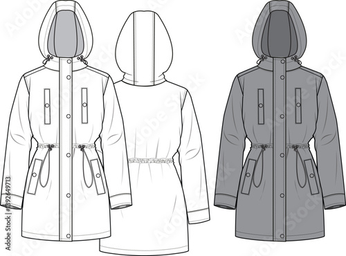 Unisex Hooded Trench Coat. Technical fashion flat sketch. Front and back, white and grey in color. Unisex CAD mock-up.