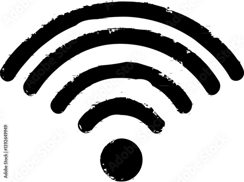 Distressed, grunge-style white WiFi symbol on a textured black background. Represents wireless connectivity, internet access, and technology.