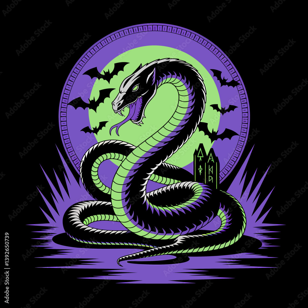 Obraz premium Stylized Snake with Bats and Gravestones Against a Full Moon Background