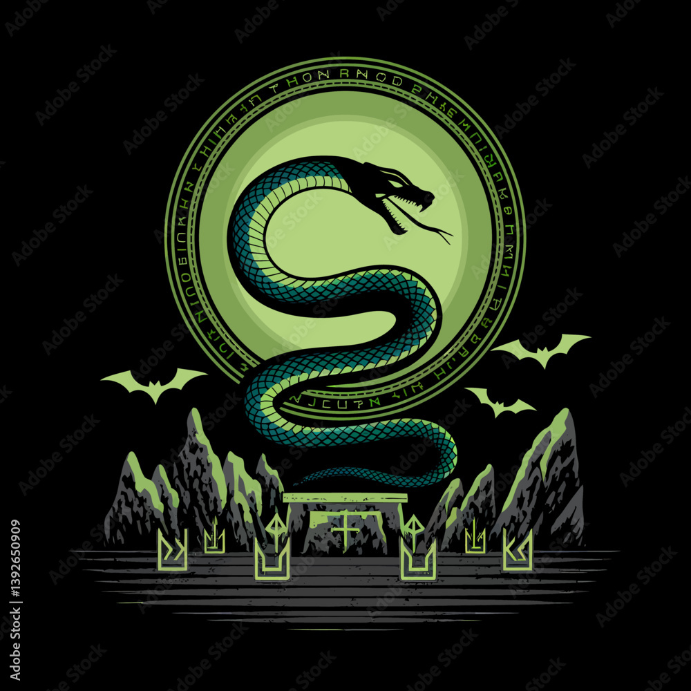Obraz premium Mystic Snake Silhouette: Green Serpent with Bats and Dolmen