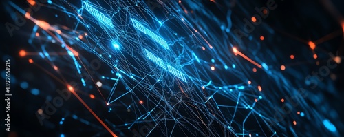 5G digital network concept with glowing blue text and interconnected lines, set against a futuristic dark background with neon accents, 3D rendering