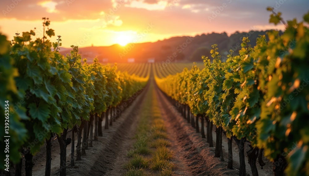 Fototapeta premium Vineyard sunset. Grapevines row in wine country. Golden hour sunlight, rural cultivation landscape. Nature scene. Agriculture vinery farm field background. Scenic viticulture photo.