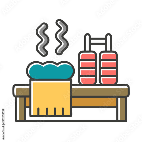 Sauna Icon with Hot Steaming Stones on a Wooden Bench  