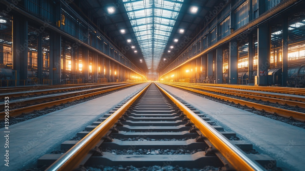 Fototapeta premium Industrial railway tracks through a large facility