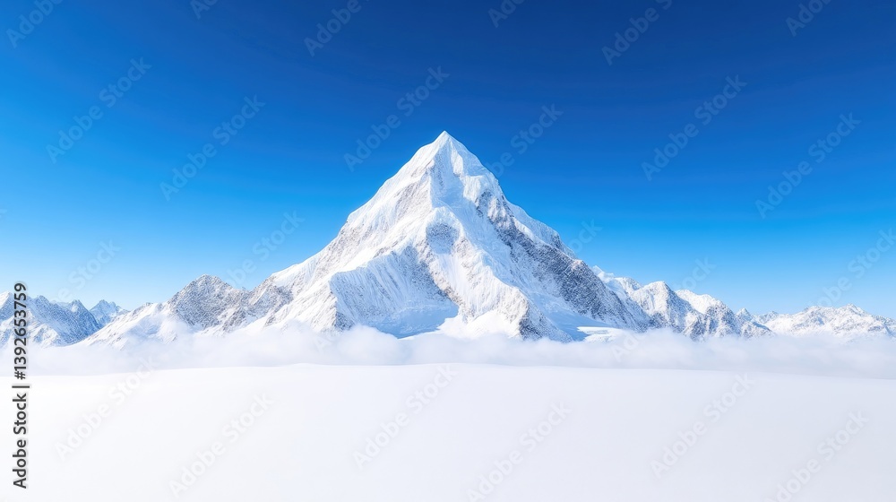 Obraz premium Snowy Mountain Peak Surrounding Peaks Vibrant, Crisp Style High Definition Landscape Wide Shot Majestic Scene Serene, Cloud-Covered Base Bright Blue Sky Ideal for Travel Brochures