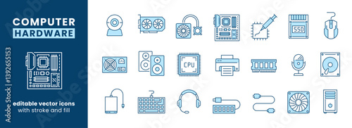 Desktop parts and electronic devices icon set. Computer components. Vector icons with stroke and fill. Outlined and filled icons. 