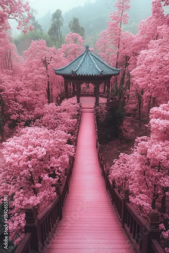 A sea of pink cherry blossoms in full bloom covers the entire park, with an ancient pavilion in the center