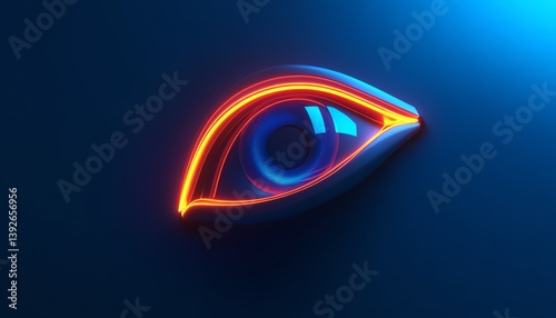 Neon digital eye illustration on a dark blue background, symbolizing advanced computer vision and cuttingedge technology, rendered in 3D with vibrant highlights