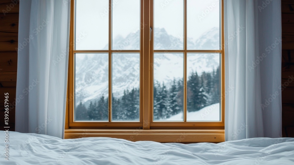 Fototapeta premium Sleep hygiene Concept. Cozy winter view through a window with snowy mountains outside.