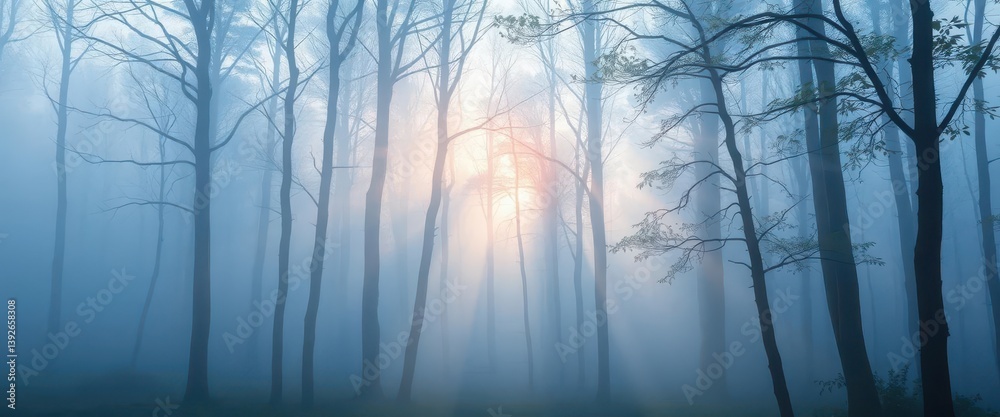 Ethereal blue mist shrouds a tranquil dawn forest, sunlight peeking through, mist, sun