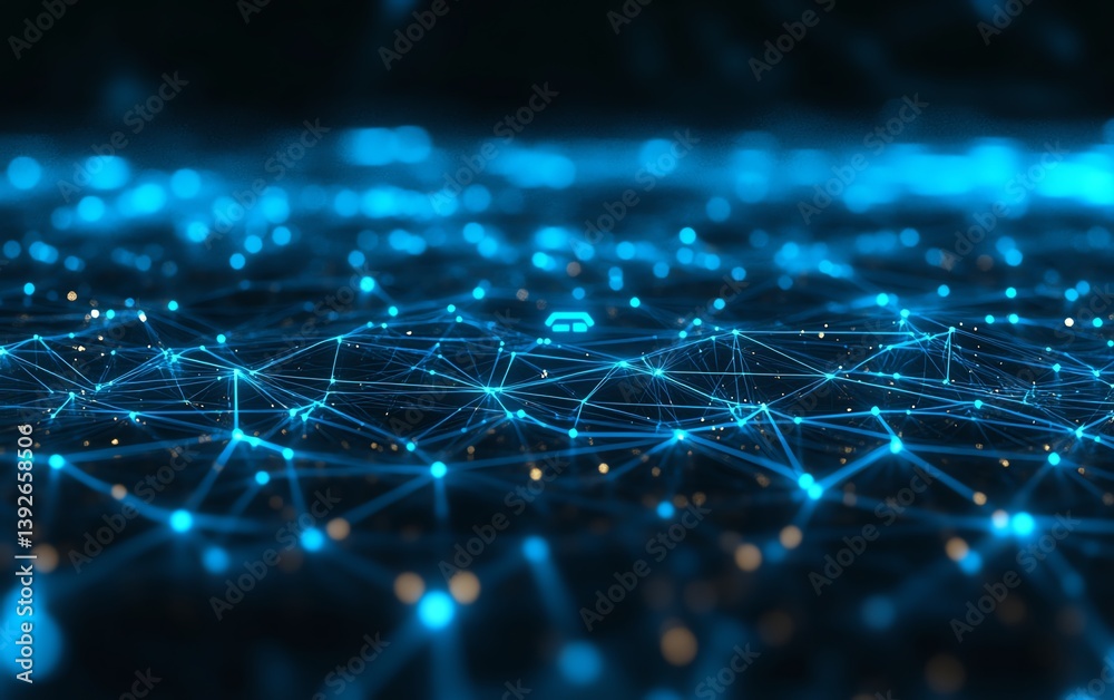 Futuristic 5G network concept with glowing blue text, interconnected digital lines, set against a dark abstract background, highlighting cuttingedge communication technology