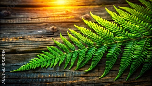 Surreal Display of Lush Bracken Fern on Rustic Wooden Plank A NatureInspired Artistic Composition