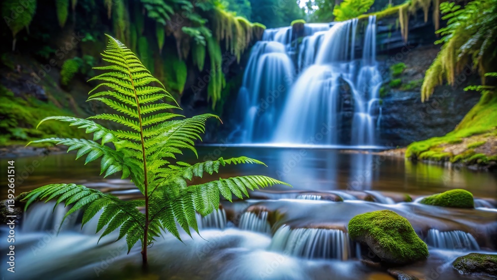 Ancient Forest Waterfall Enchanting Ferns Lush Greenery Cascading Down a Majestic Water Feature Ancient Forest Waterfall Enchanting Ferns Lush Greenery Cascading Down a Majestic Water Feature