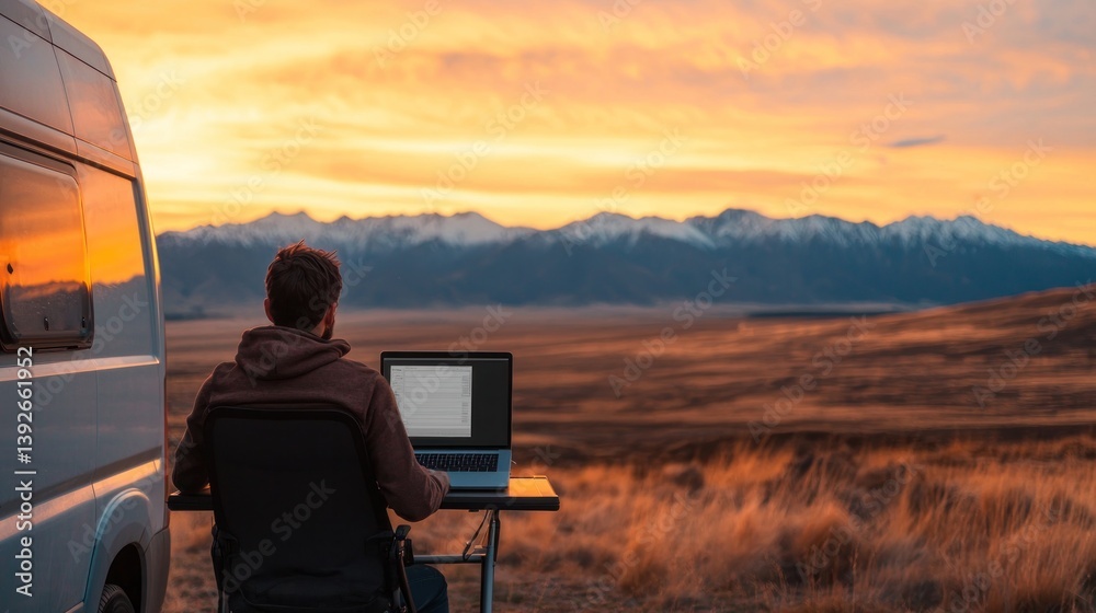 Fototapeta premium Embracing remote work digital nomad lifestyle from a camper van in the mountains at sunset