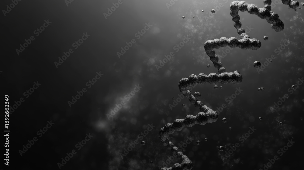 Silver-toned RNA molecule visualization, representing abiogenesis and early genetic evolution in abstract microcosm