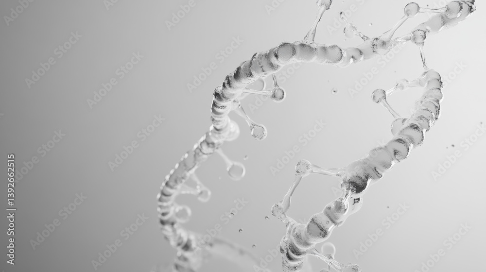 Metallic DNA helix in silver tones, abstract genetic evolution concept with biotech aesthetic, futuristic science visualization