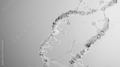 Metallic DNA helix in silver tones, abstract genetic evolution concept with biotech aesthetic, futuristic science visualization