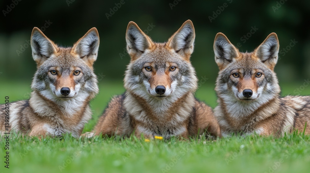 Fototapeta premium Three Coyotes in a grassy field