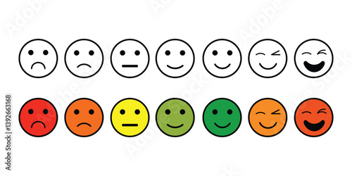 Rating scale of various emotions with emoji faces vector on white background.