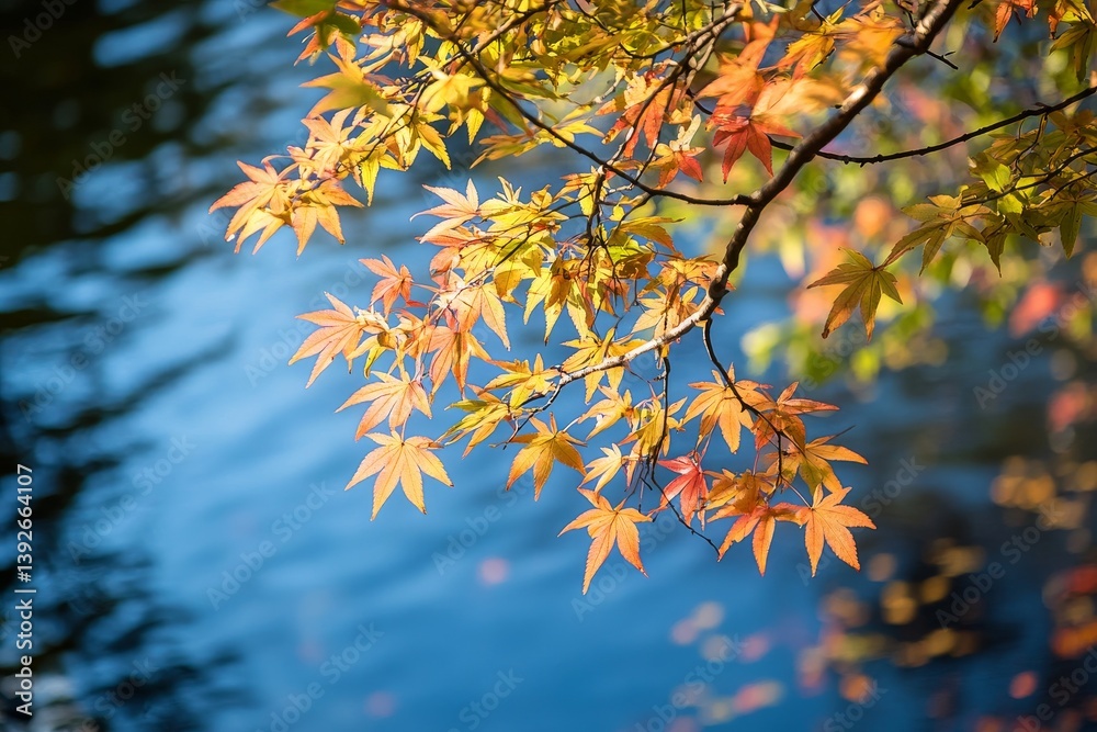 Colorful leaves reflect on shimmering water in autumn. Crisp light Colorful leaves reflect on shimmering water in autumn. Crisp light