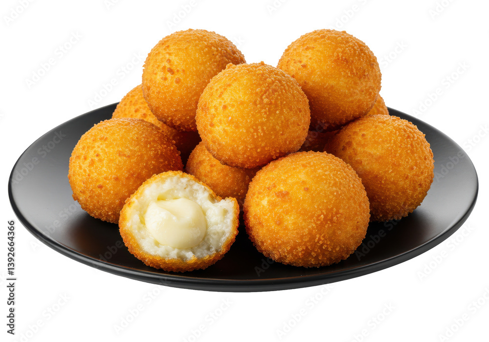 Golden, crispy cheese balls on a black plate, ready for a delicious snack Golden, crispy cheese balls on a black plate, ready for a delicious snack