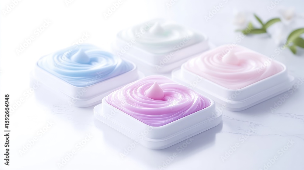 Four pastel-colored skincare creams in individual containers, showcasing a smooth, creamy texture Four pastel-colored skincare creams in individual containers, showcasing a smooth, creamy texture