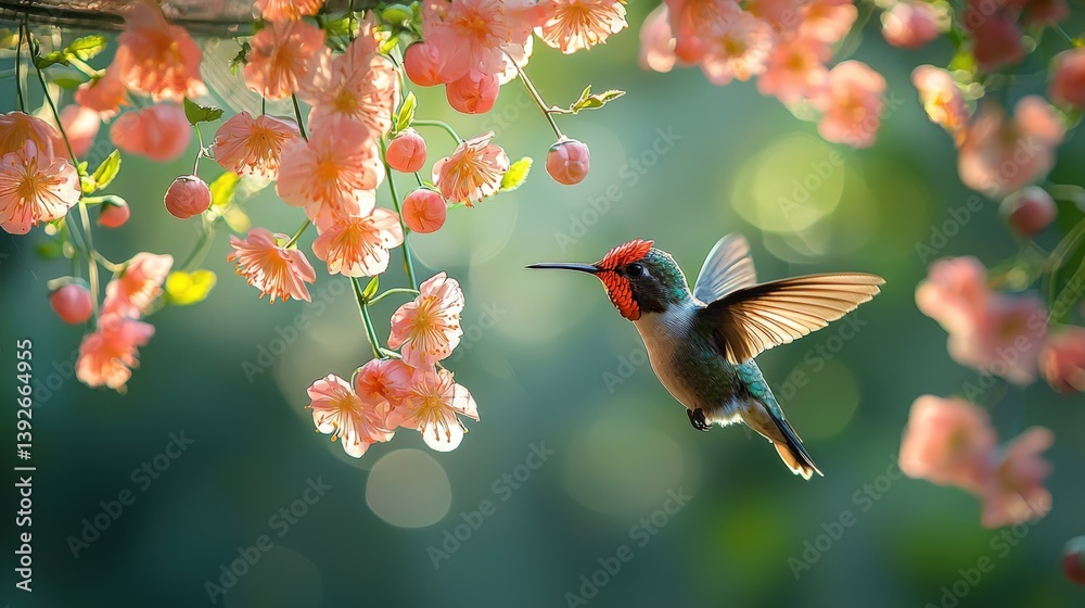 Naklejka premium A close - up view of a hummingbird with bright red on its chest, drinking nectar from pink flowers against a vibrant green background. The macro and high - definition shot showcases the head.