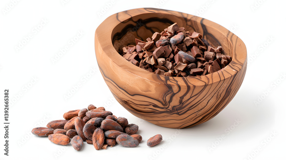 Obraz premium Crushed cacao nibs in wooden bowl evoke sense of natural richness and flavor