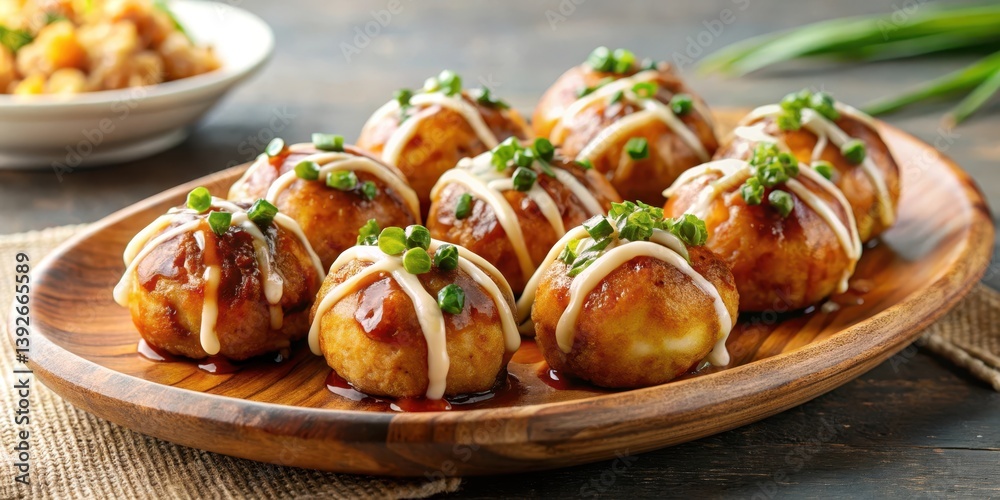 Obraz premium takoyaki served on a plate with crispy edges and fluffy texture, topped with savory sauce and green onions