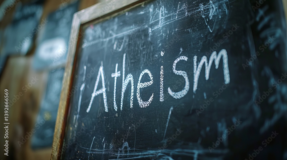 Obraz premium A close-up view of the word 'Atheism' written in chalk on a textured blackboard.