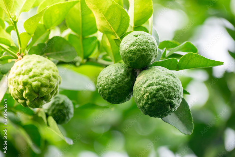 Fototapeta premium Bergamot, Fresh green bergamot fruit hanging from branch. bergamot tree garden and healthy food concept, group of bergamot,Bergamot medicinal plants with many