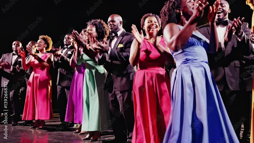 A lively video scene with a group of people in colorful formal attire, clapping and smiling. Shot from a low angle with dramatic lighting. A lively video scene with a group of people in colorful formal attire, clapping and smiling. Shot from a low angle with dramatic lighting.
